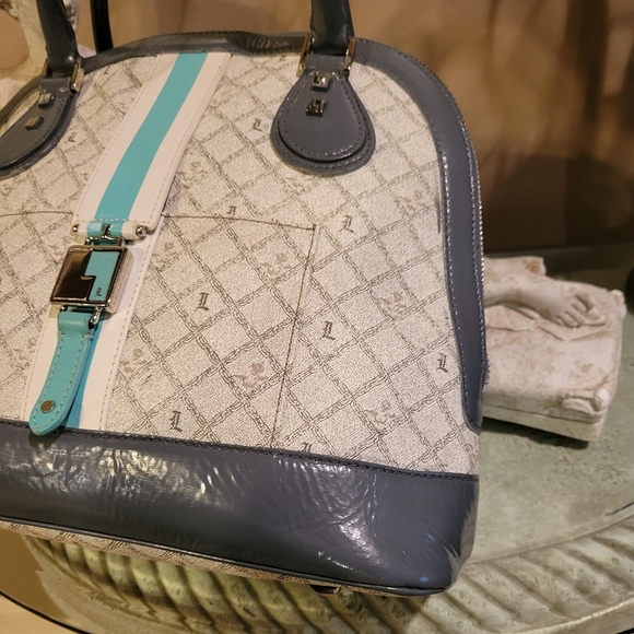 L.A.M.B. by Gwen Stefani Kingston Shadow Bowler Bag Leather Blue Stripe #427 - Picture 15 of 17